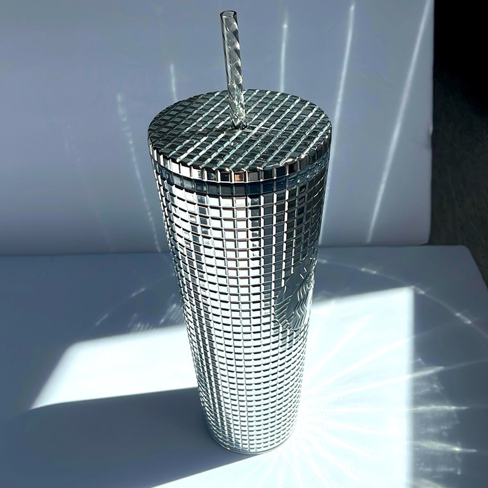 Starbucks Metallic Silver Grid Tumbler Cup with Straw - Picture 4 of 7